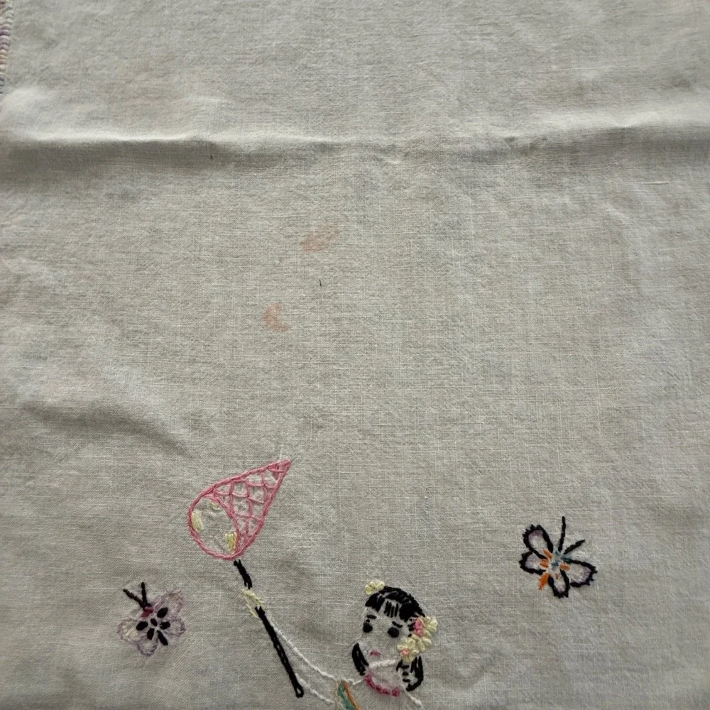 Vintage Hand Embroidered Linen Table Runner Girl Butterfly Pastel Crochet Edge